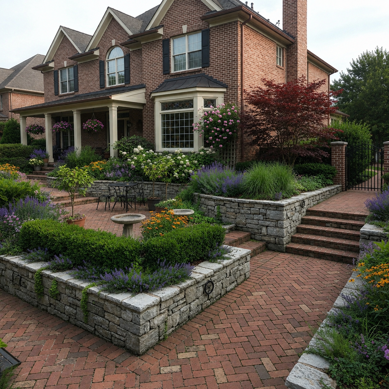 Terraced stone retaining walls and brick paver walkways landscaping a brick colonial home's front yard