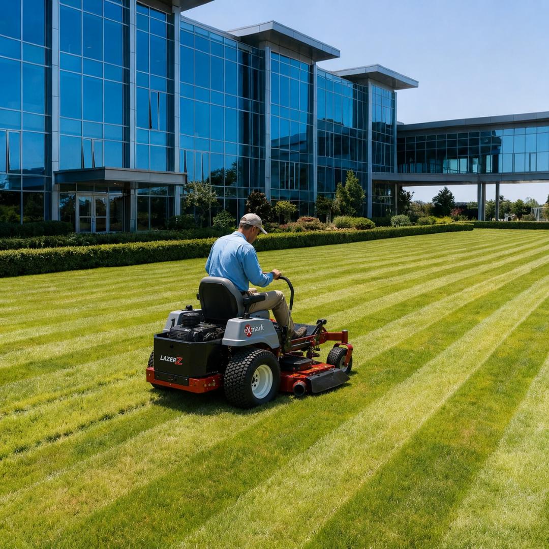 Professional mowing crisp lawn stripes in front of a corporate office building