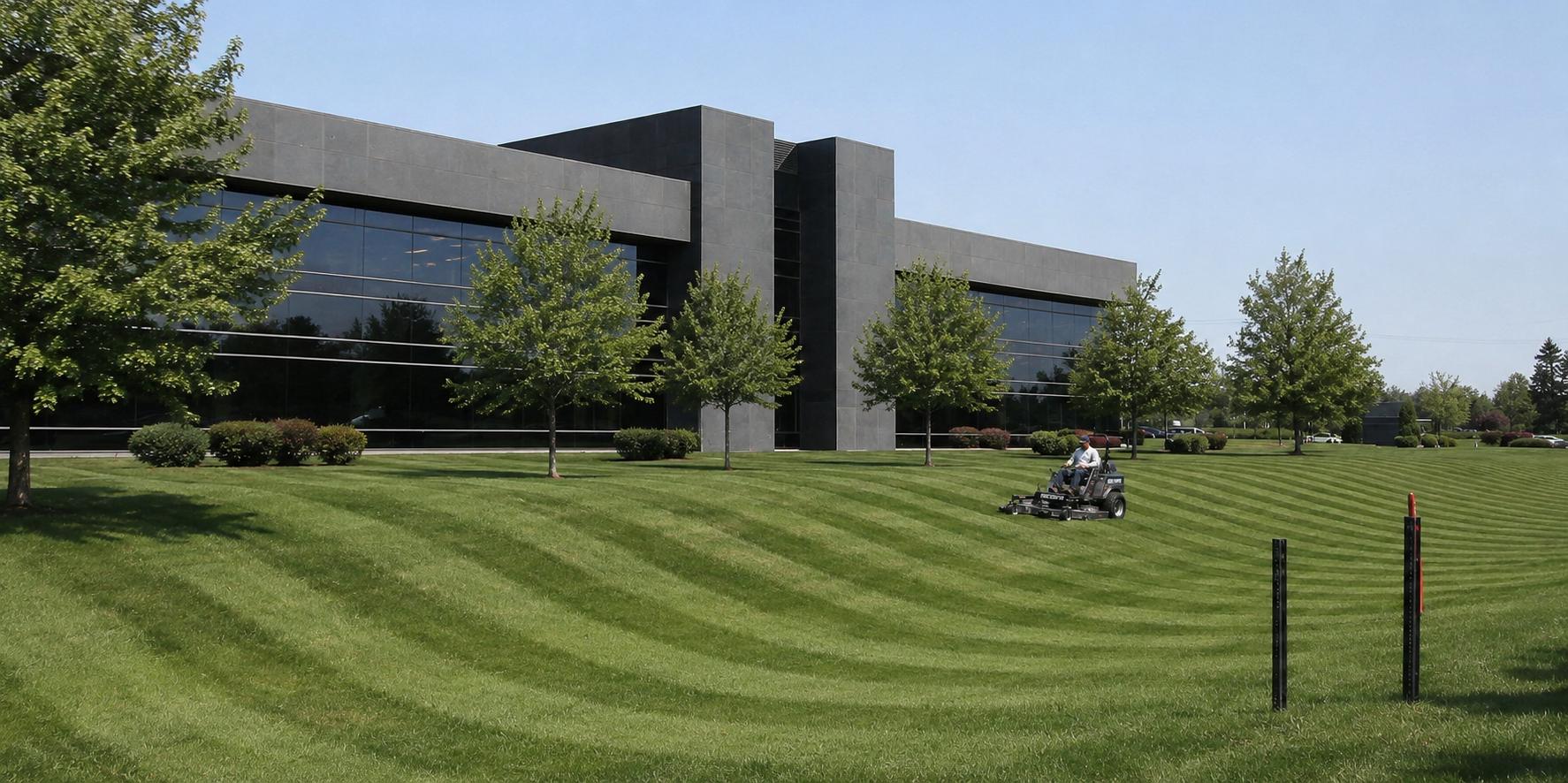 Manicured corporate lawn with curved mowing stripes in front of a modern glass office building